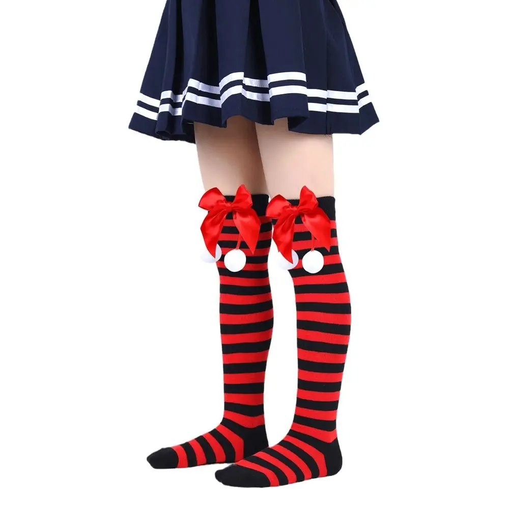 Cute Bow Hair Ball Christmas Socks Stripe Anti Friction Christmas Stocking Polyester Kids Socks Autumn and Winter