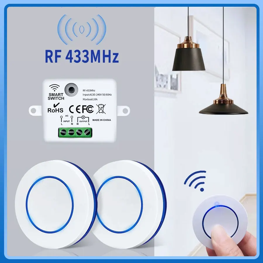 RF 433MHz Wireless Light Switch 10A Relay Controller Receiver Mini Round Button Switch Remote Control For LED Lamp AC 100-240V