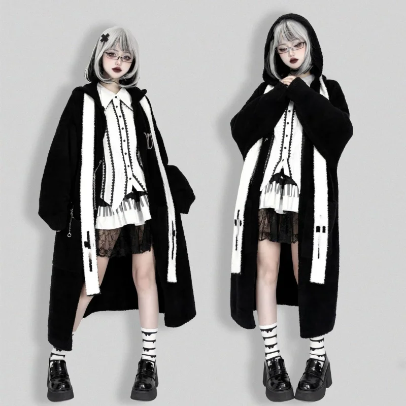 Y2k Aesthetic Lolita Style Long Knit Cardigan Women's Gothic Punk Hooded Sweater Coat Women's Street Style Knit Top