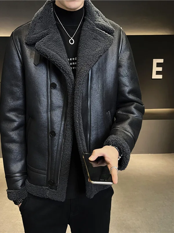 

Men's Winter Thiened ort Lamb Fur Jaet Motorcycle Sle Coat Warmth Casual Faion Thiened Cotton Jaet Coat