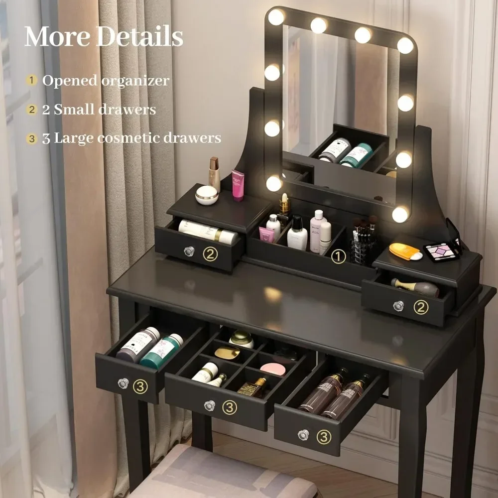 Dressing table with mirror and lamp, make-up mirror make-up dresser, dressing table with lamp, 10 bulbs and 5 drawers Dressers