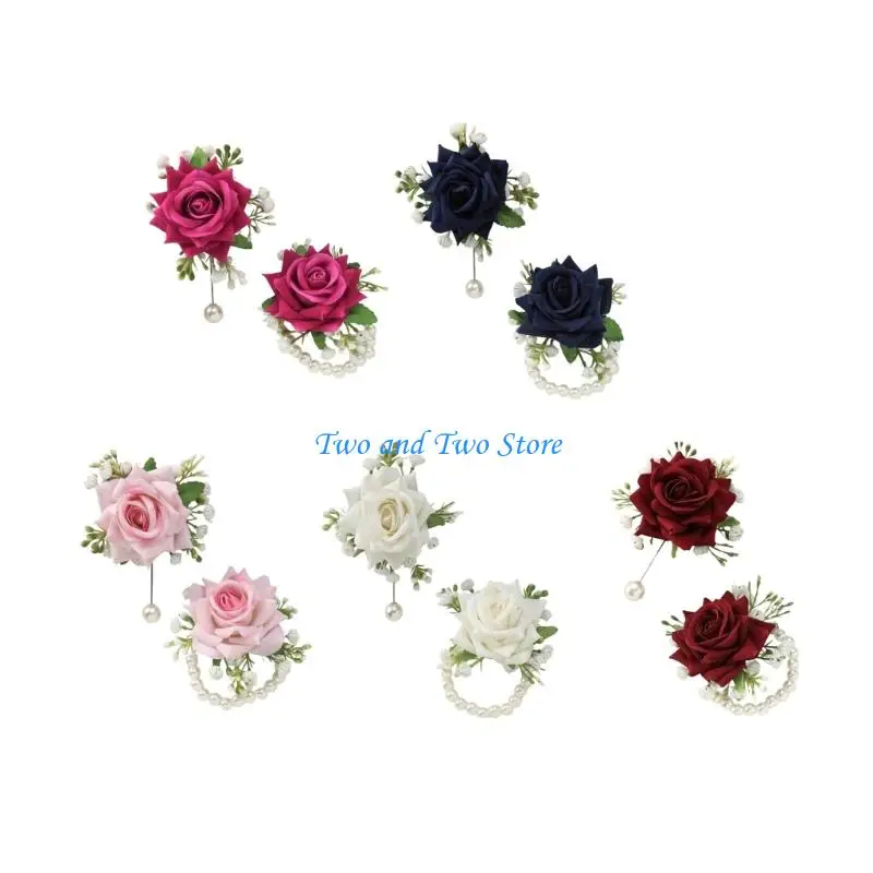 

HX6F Luxurious Silk Flower Wristlet Rose Wrist Corsage Wristlet Band Bracelet