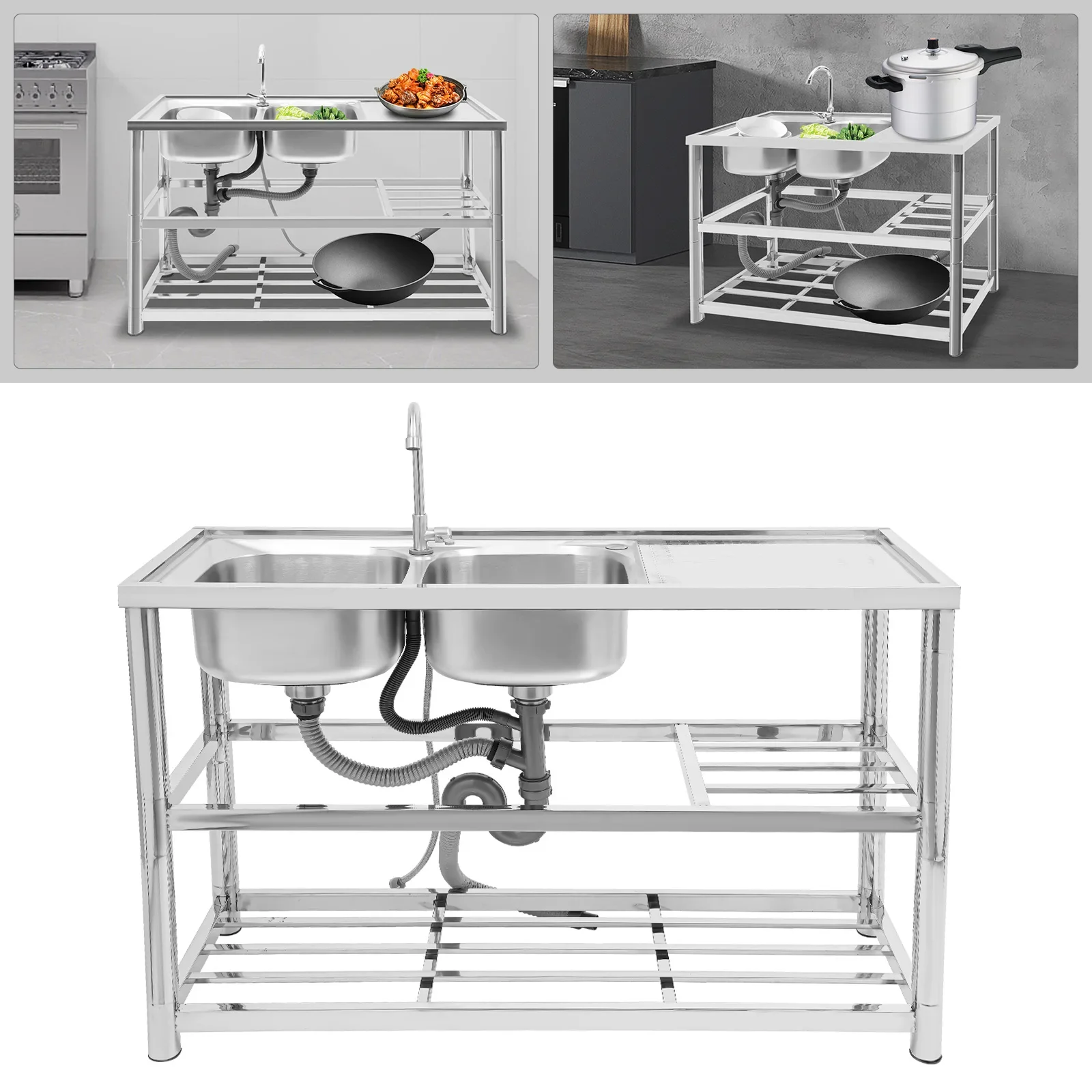 BYMAOCAR Kitchen Stainless Steel Commercial Sink Utility Sink 2 Compartment W/ Prep Table