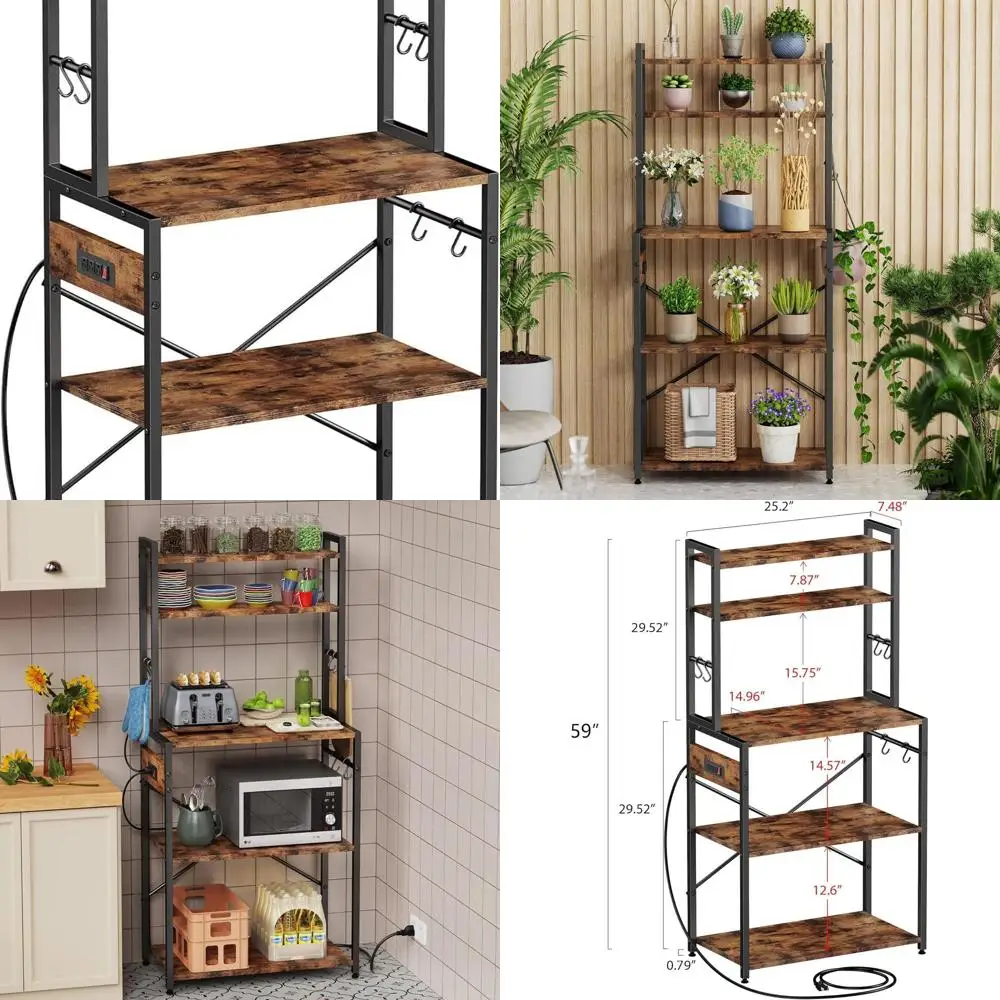 

5-уровневая кухонная полка для хранения с розеткой и 6 крючками, подставка для микроволновой печи, шкаф для кофе-бара коричневого цвета в деревенском стиле