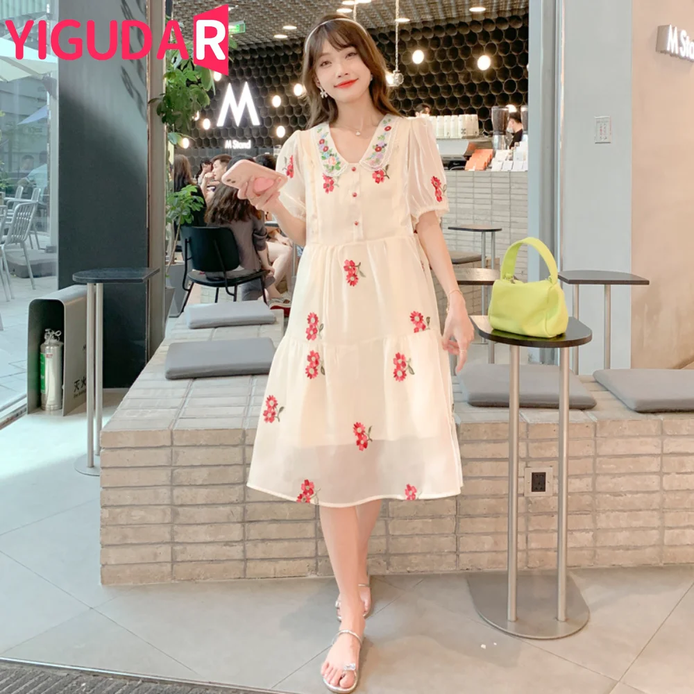 Maternity Flower Embroidery Dress 2024 Summer Casual Loose Clothes for Pregnant Women Vintage Pregnancy photoshoot dress