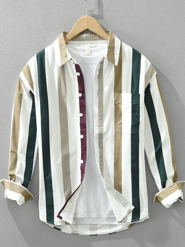 

Autumnal Contrast Color Trendy Striped Casual irt Loose Long Sve Polyester Cotton Blend Breathable Comfortable Men's Top