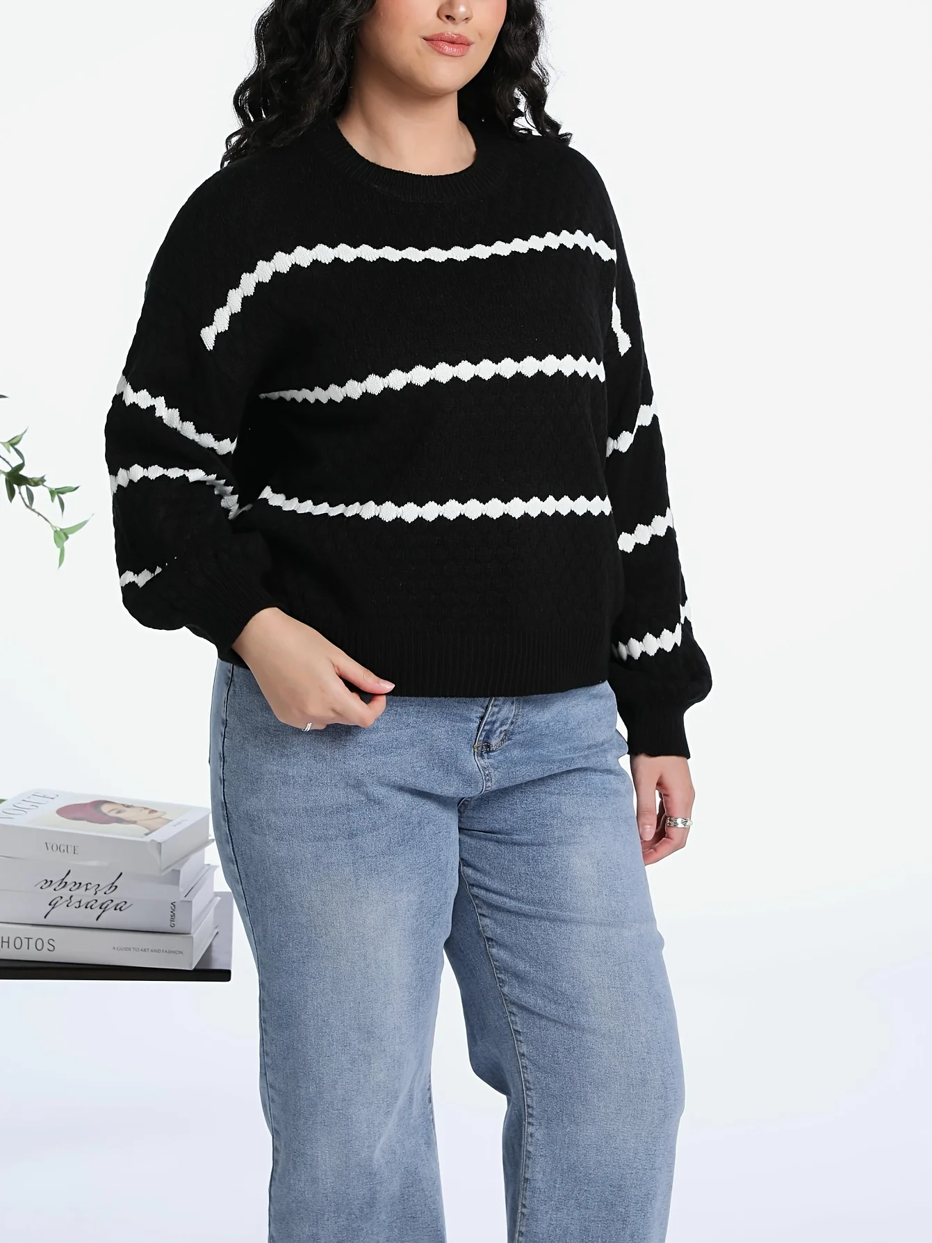 

Plus Size Women Sweater Long Sleeve Crew Neck Scallop Stripe Pattern​ Loose Fit Baggy Pullover Autumn Winter Casual