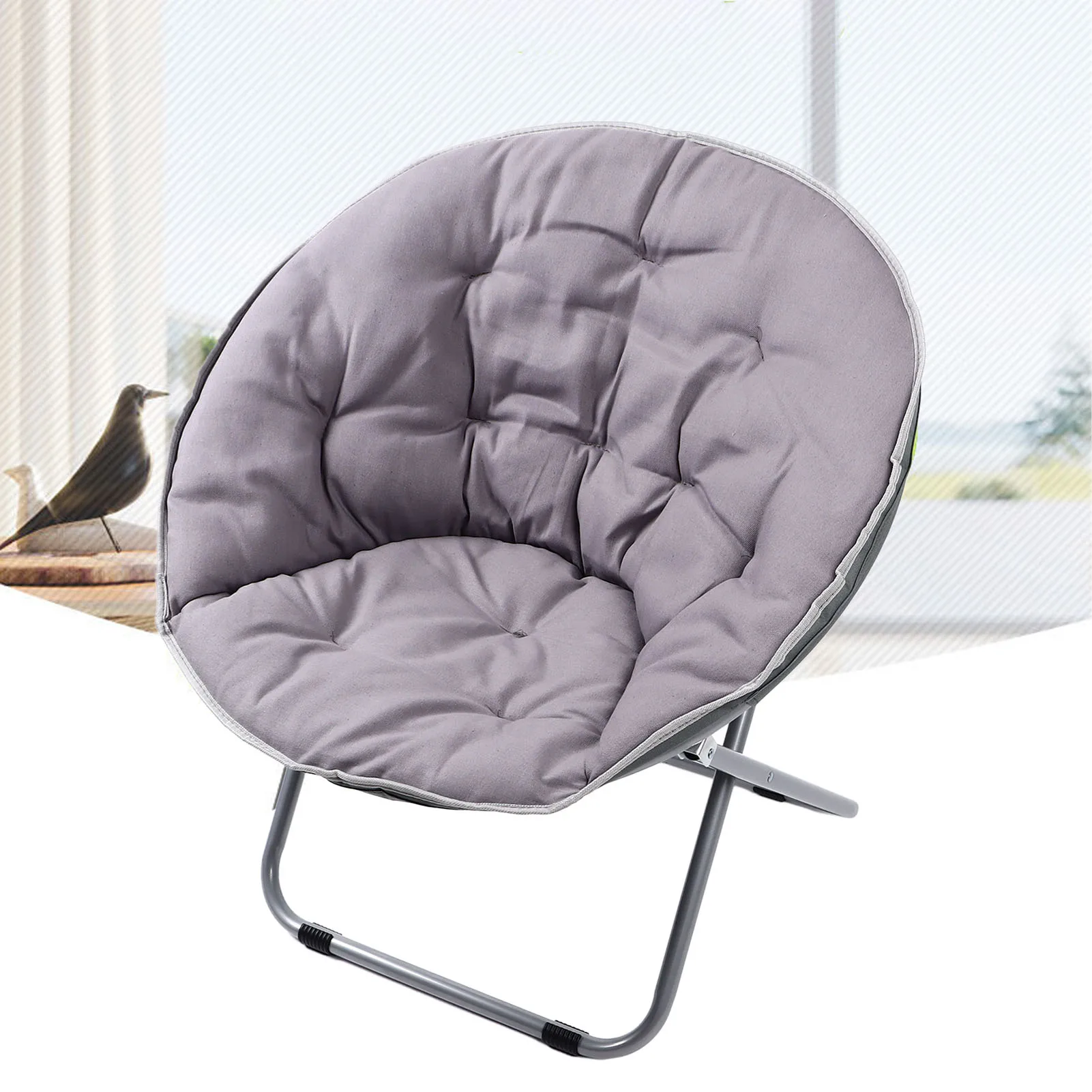 Saucer Chair Metal Frame Gray Comfortable Ergonomics Foldable Cozy Chair for Living Room Gift