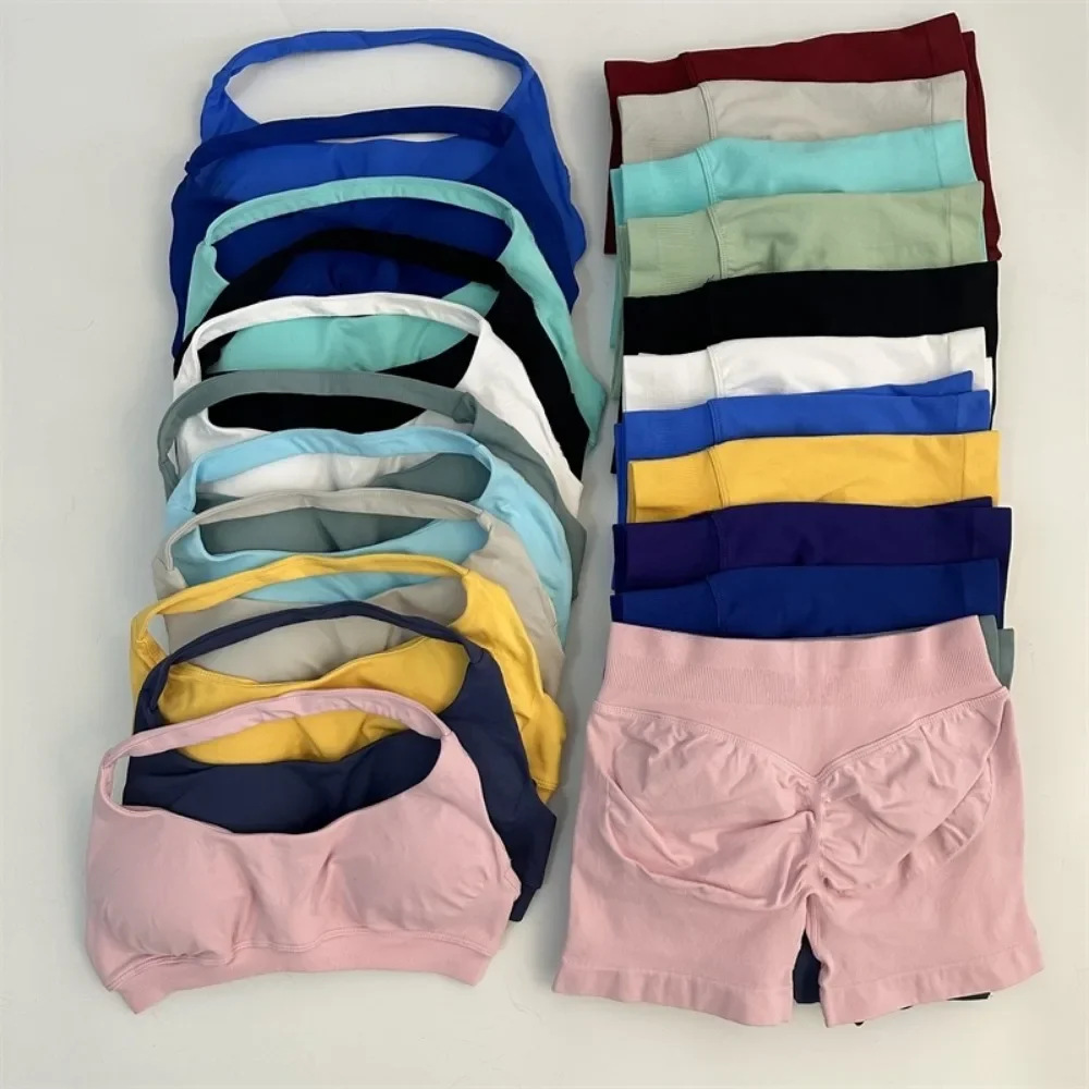 2026  Yoga Set Impact Shorts Bra Set Seamless Workout Scrunch Shorts Sets Halter Sports Bra Scrunch Shorts Fitness Clothes