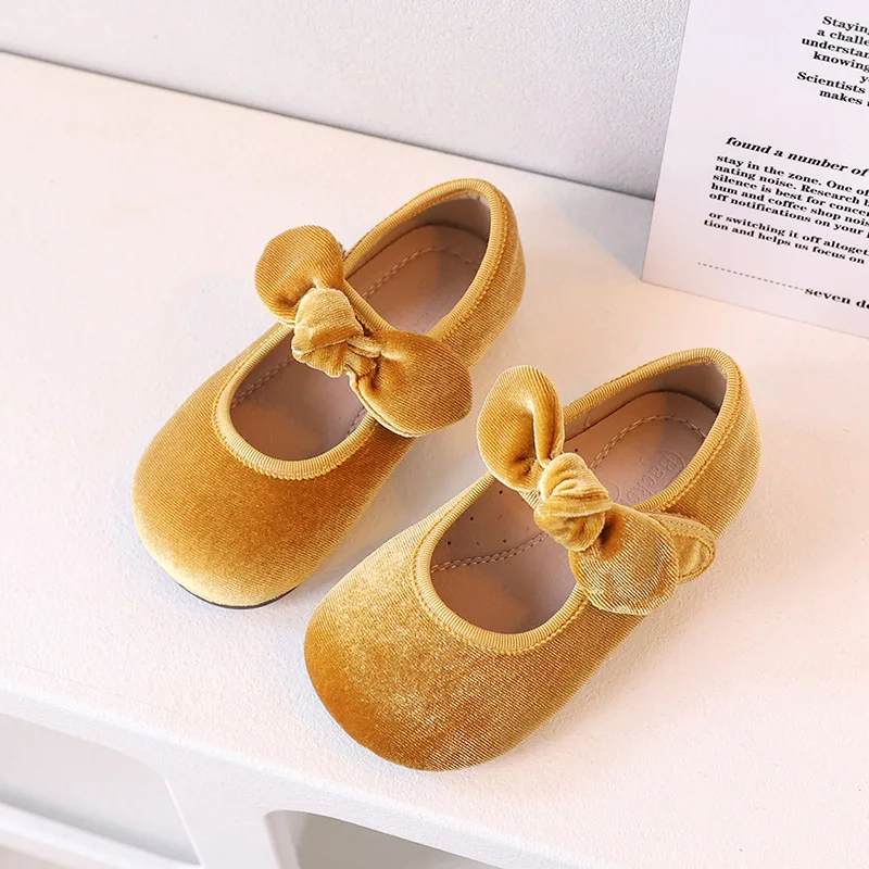 Comfortable Velvet Spring Baby Girls Dance Shoes Mary Jane Fashion Bow Children Casual Shoes Autumn Kids Student-shoes