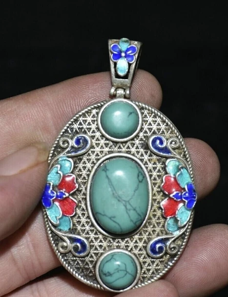 

Old Chinese Silver inlay Turquoise Cloisonne Flower Pendant Necklace