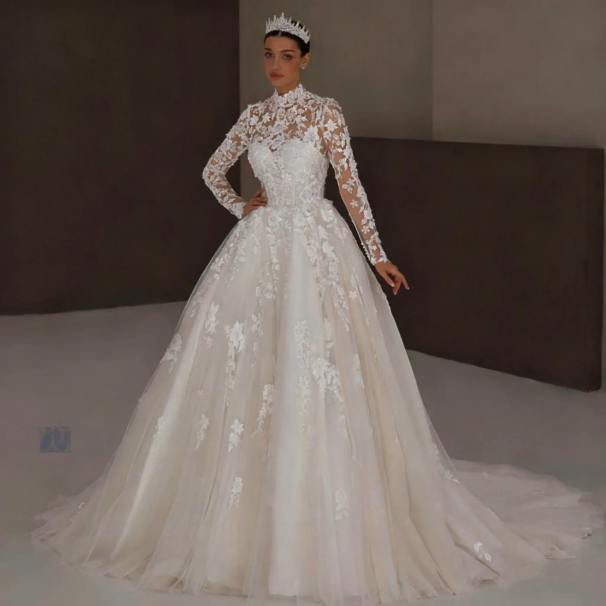 

2026 Arrivals O-Neck Buttons Up Back Long Sleeve Shiny Beads Sequins Appliques Princess Ball Gown Wedding Dress Vestido De Noiva