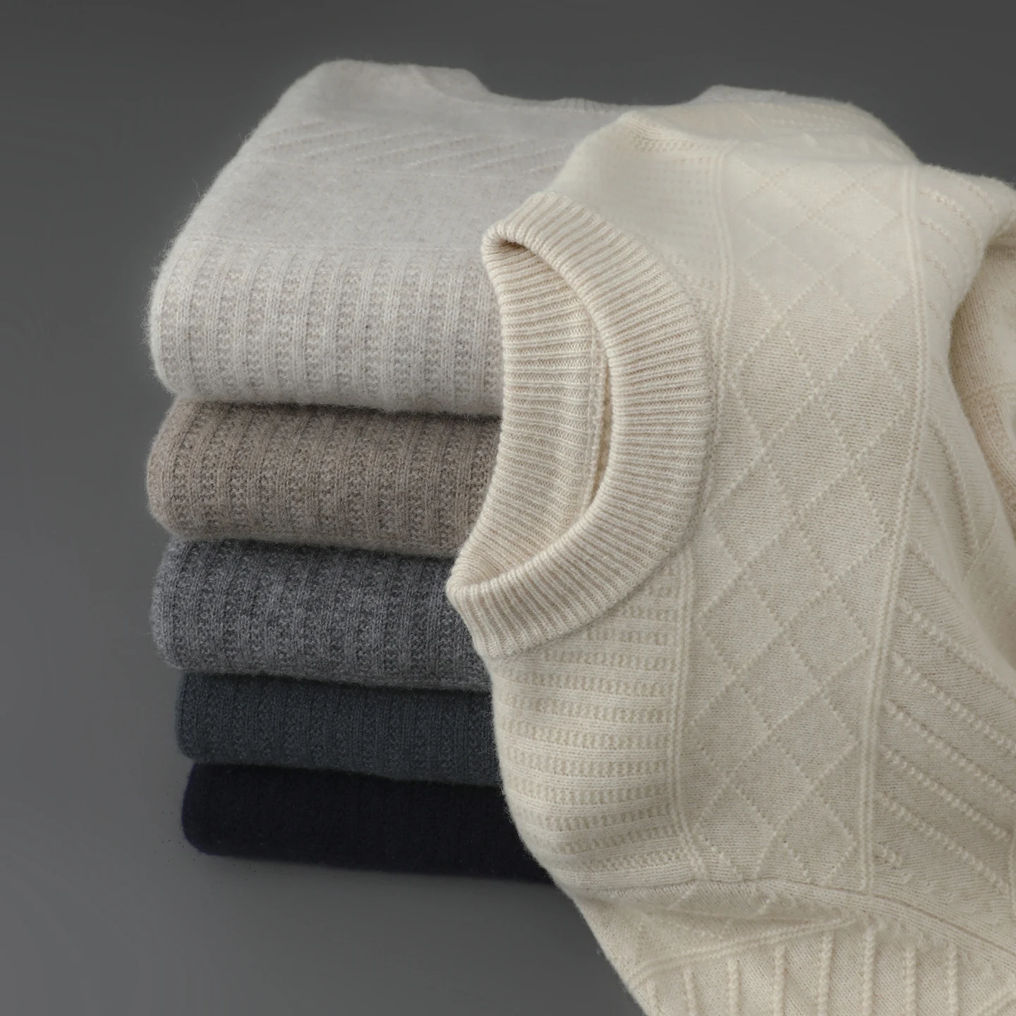 Basic Men's O-neck Thick Warm Top 100%Merino Wool Plus Size Autumn and Winter Sweater Solid Color Striped Knitted Men's Clothing