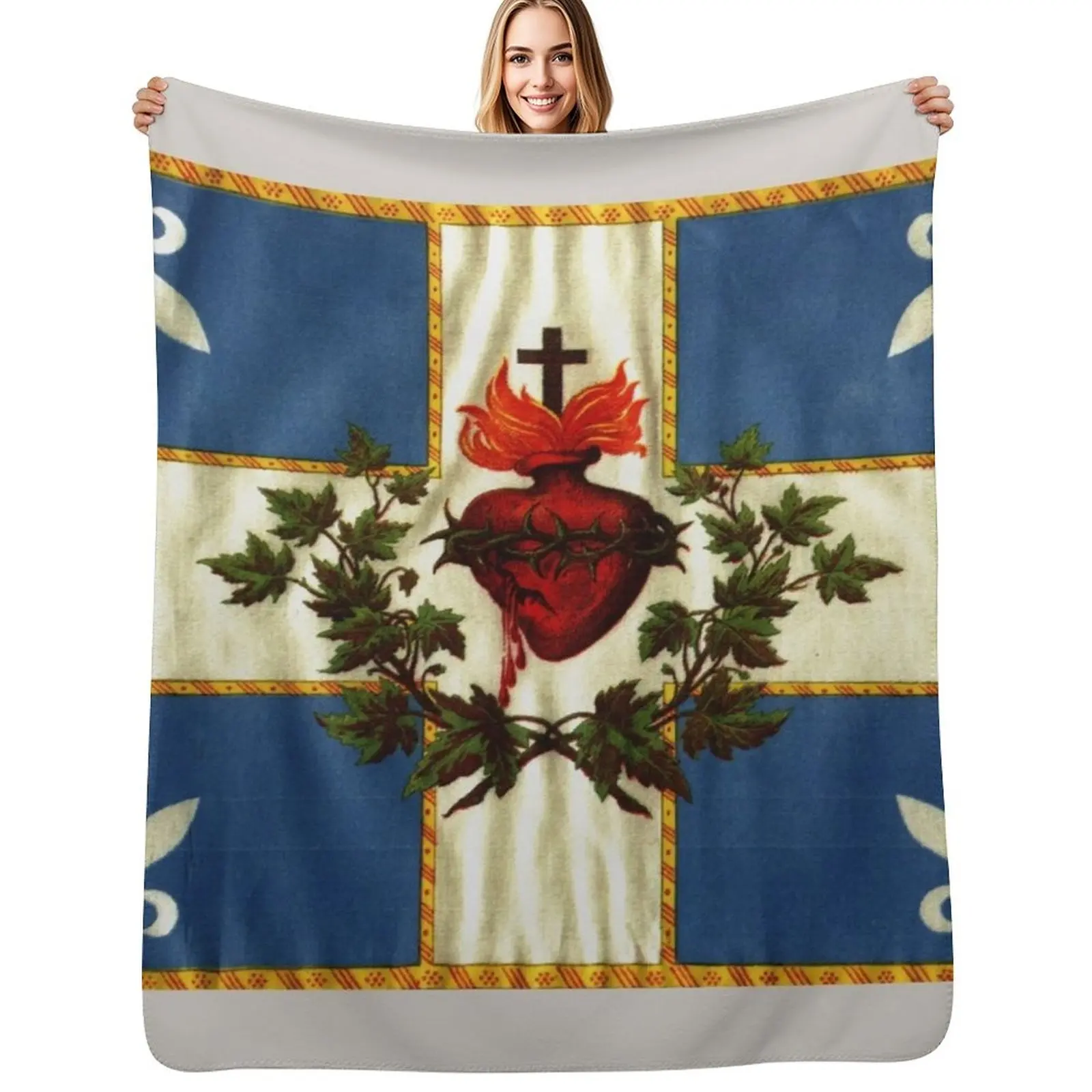 

Quebec flag drapeau Québec Patriote Carillon Sacré-Cur Christian Catholic old vintage edition with fleurs de lys Throw Blanket