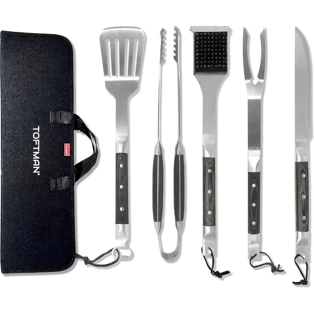 

5-Piece Stainless-Steel Grill Set with Extra-Long Handles, Spatula, Fork, Tongs, Safe & Easy Flipping, Grilling Gift Kit