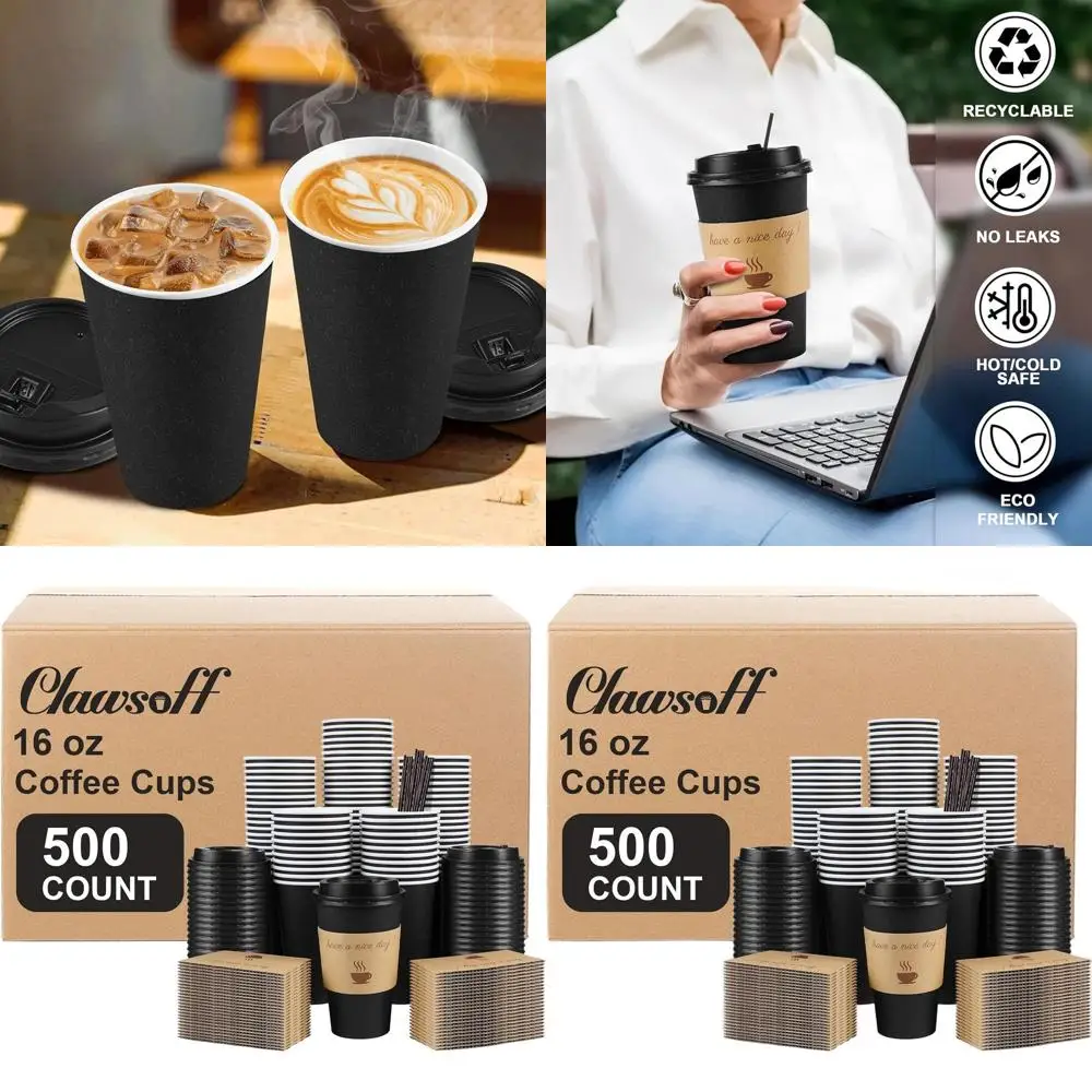 

500 Pack 16 oz Disposable Paper Coffee Cups with Lids, Sleeves, and Stir Sticks for Hot/Cold Beverages - Ideal for Home, Office,