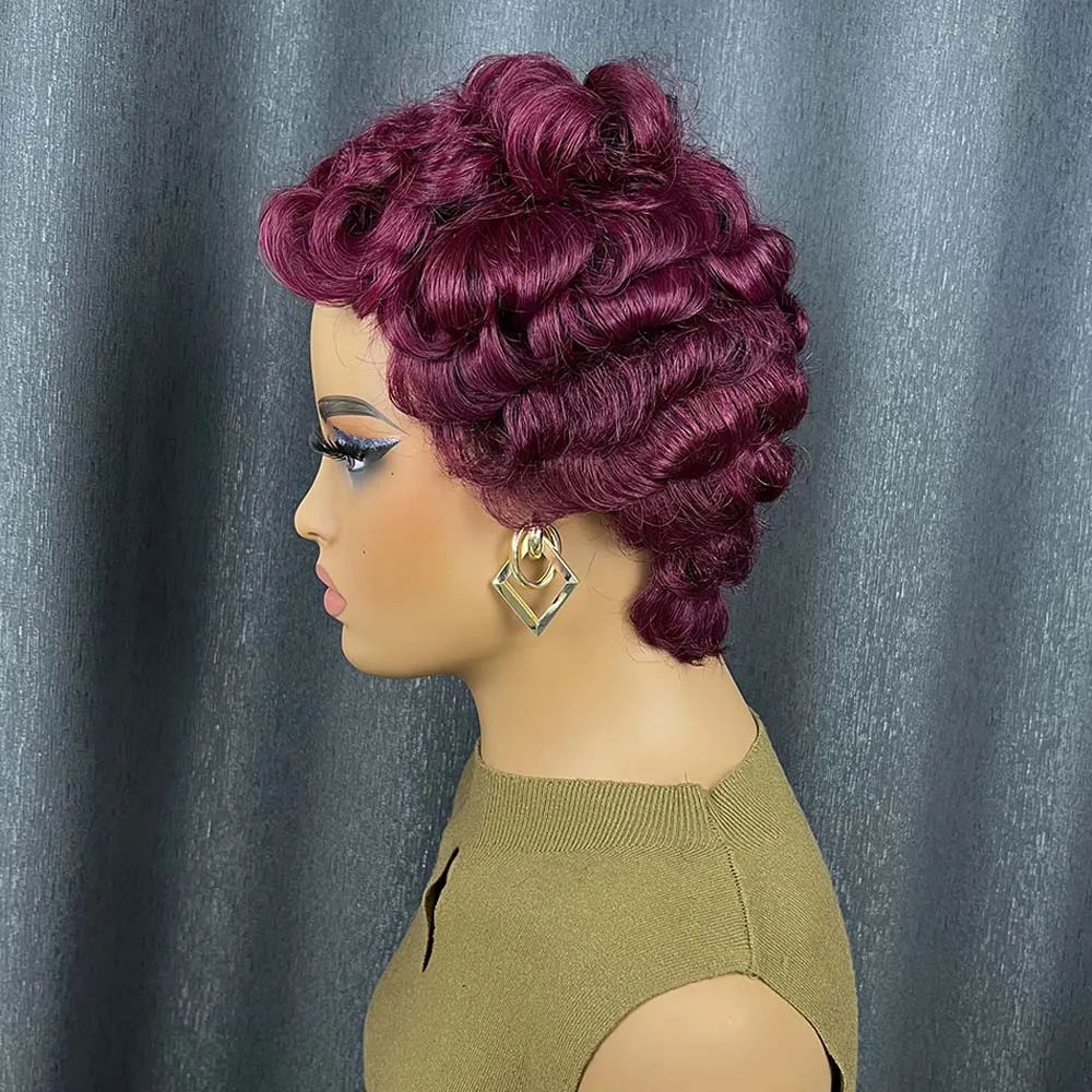 버건디 인모 픽시컷 가발 (흑인 여성용) 와인 레드 레이어드 숏 컬리 머신메이드 가발 (일상용)