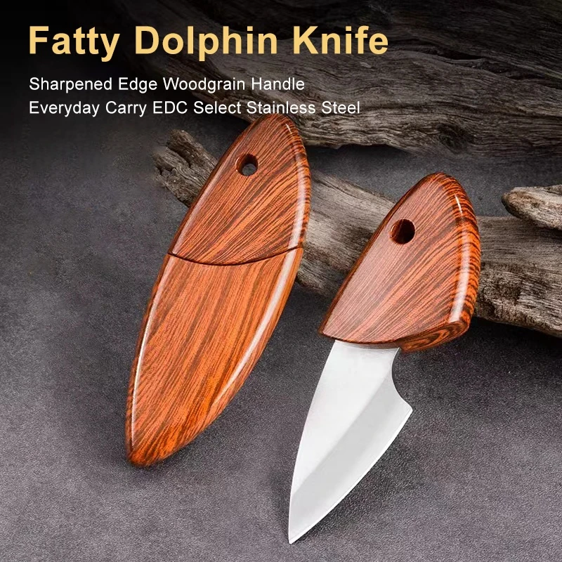 Little Fat Dolphin Mini cuchillo de bolsillo portátil, cuchillo de pescado de madera, cuchillo de grano de madera, cuchillo corto portátil para exteriores