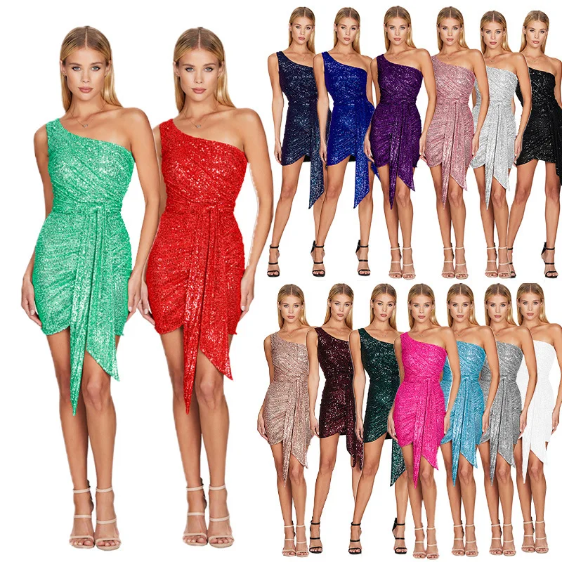 قماش بوليستر حلو وحار عبر الحدود Sle Svel Bodycon Dr iny ترتر واحد من Dr Women's Faion