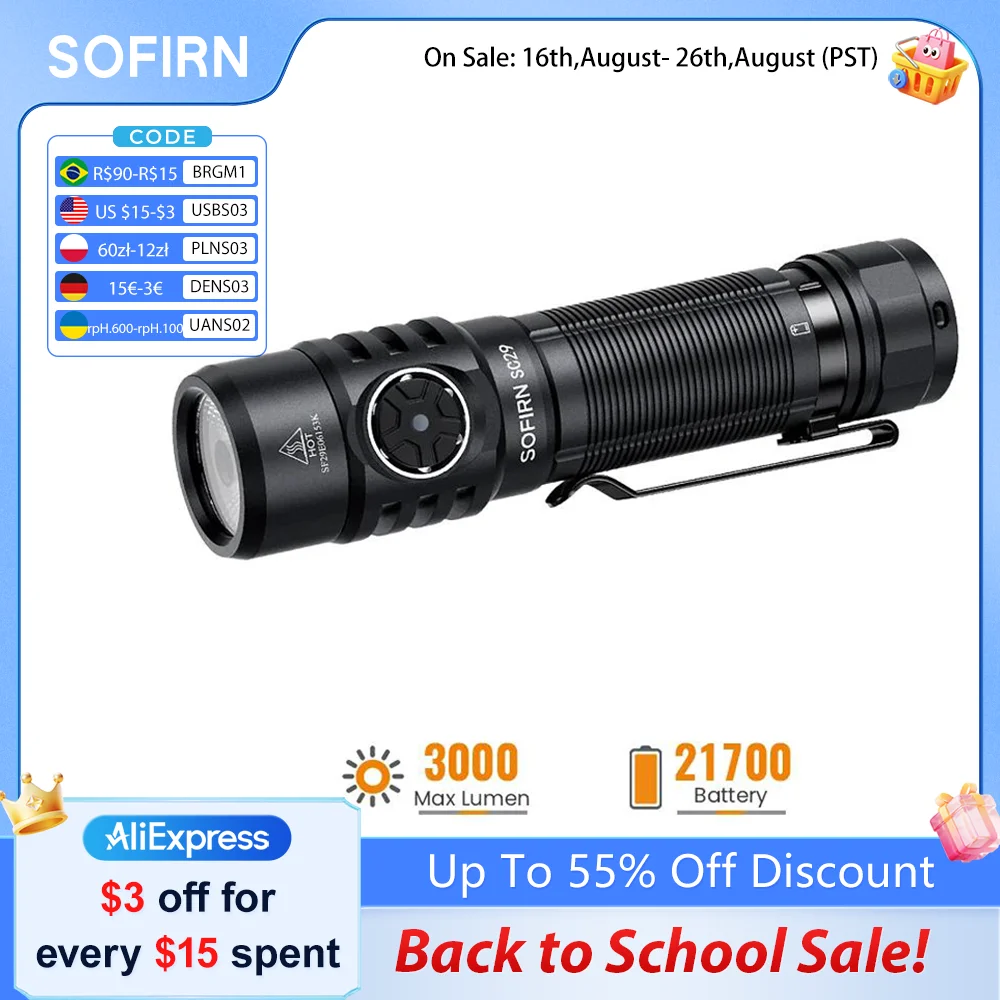 SOFIRN SC29 3000Lm Typ-C Wiederaufladbare Taschenlampe XHP50B LED Leistungsstarke 21700 EDC-Taschenlampe IPX8 für Camping