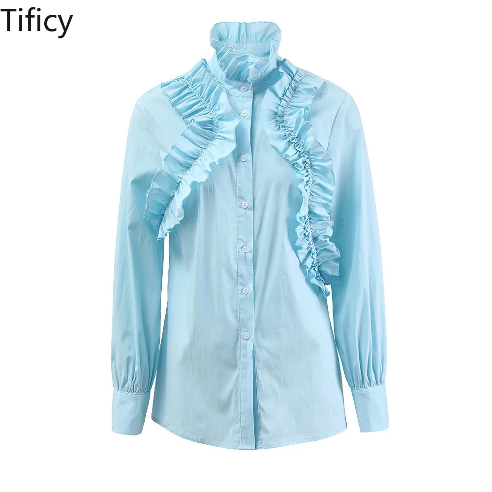 

TIFICY High-end Pleated Shirt for Women's Summer New Style with Wooden Ear Edge Design, High Collar Long Sleeved Versatile Shirt