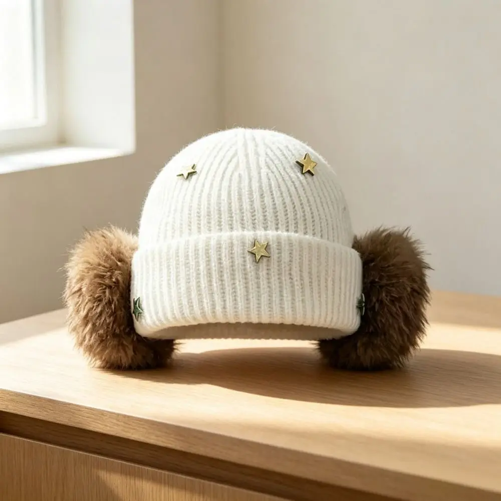 Weiche, winddichte, gestrickte Mütze mit Sternenmuster, gestricktes Design mit Umschlag, winddichte Kappe, koreanischer Stil, wärmend, Damen, warme Mütze, ideal für Reisen. – Detail 3