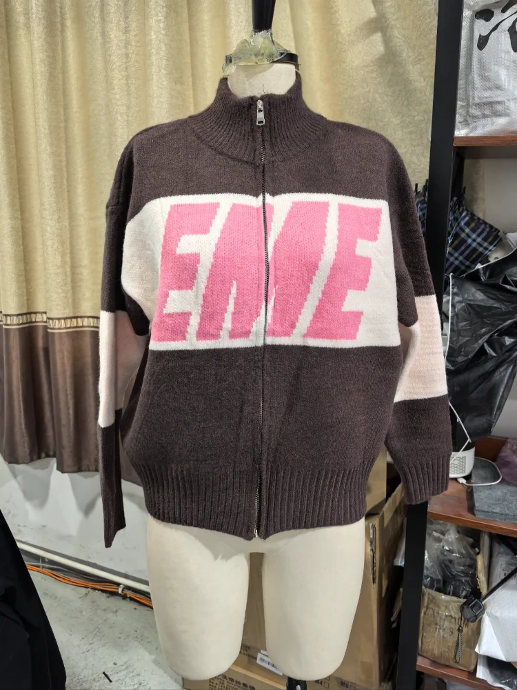 Herbst Vintage Strick-Kurzpullover für Damen, Schicker Doppelreißverschluss Hochkragen Patchwork-Cardigan, Neuer Pendler-Streetwear-Stil – Detail 6