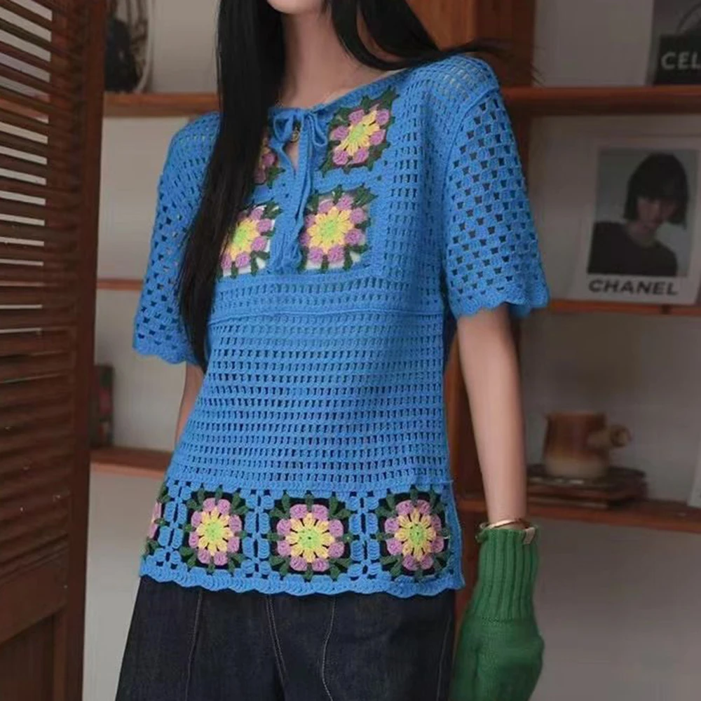 

Bohemian crochet hollow crochet V-neck knitted sweater women's new ethnic style sweet and spicy design loose top