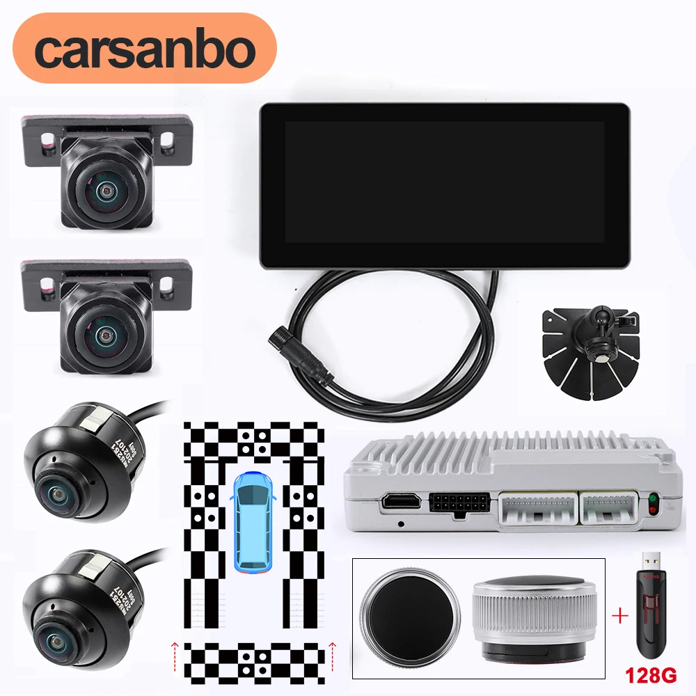 

Carsanbo 10.25 Inch LCD Display Car 360 Bird View Camera System DVR Recorder Night Vision Camera with Calibration Cloth 128G USB