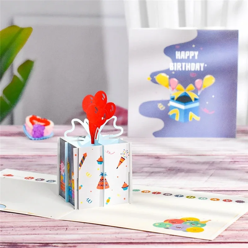 

3D Pop-Up Cards Birthday Cartoon Happy Birthday Balloon Box Greeting Card Postcard wholesale with Envelope Stickers Postcard