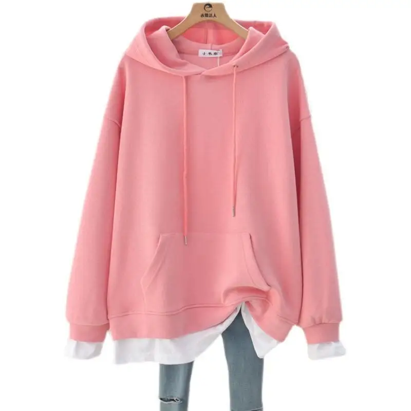 Spring Autumn New Loose All-match Fake Two Piece Hooded Long Sleeve Solid Plus Size Sweatshirts Fashion Casual Women Clothing