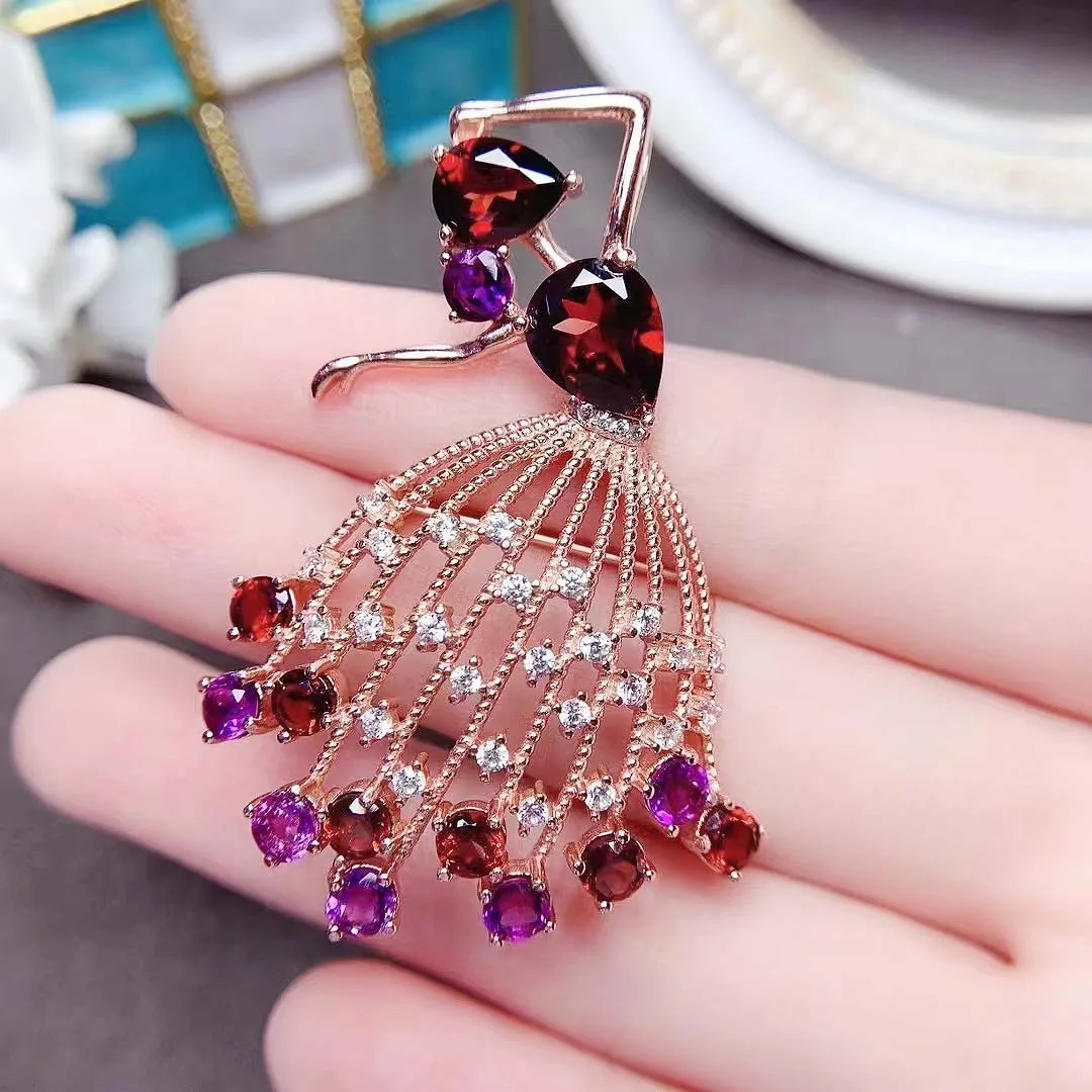 

FS Natural Garnet Amethyst Dancing Girl Brooch Pendant Necklace S925 Silver Fine Fashion Jewelry Women‘s s MeiBaPJ