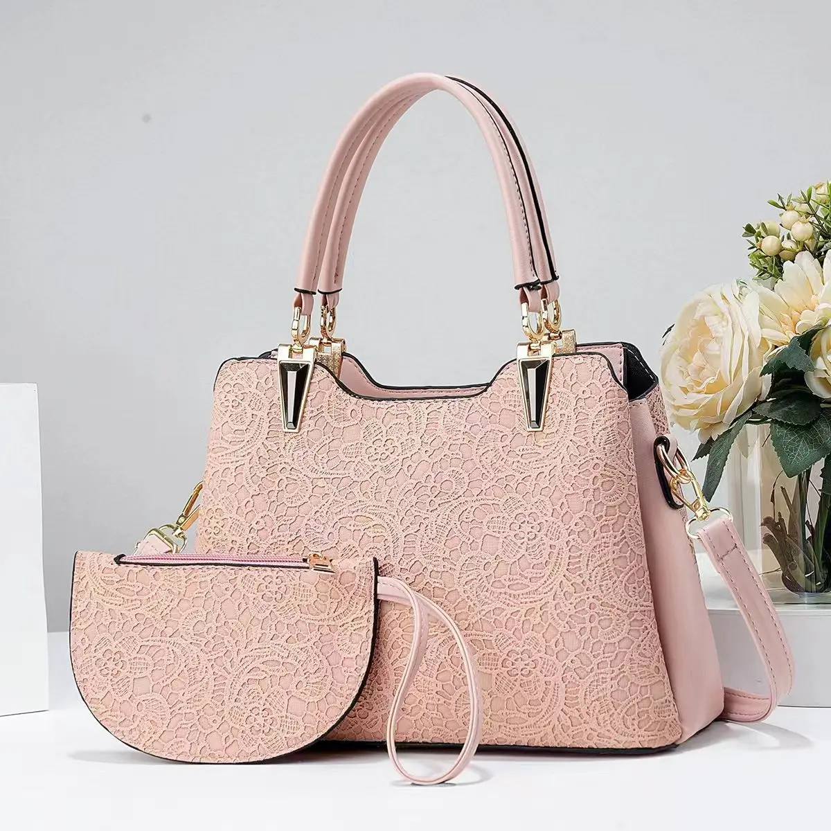

2025 Простой и элегантный стильный ручной набор из 2 предметов, кружевная женская сумка с цветочным принтом, большая вместительная элегантная сумка через плечо с принтом