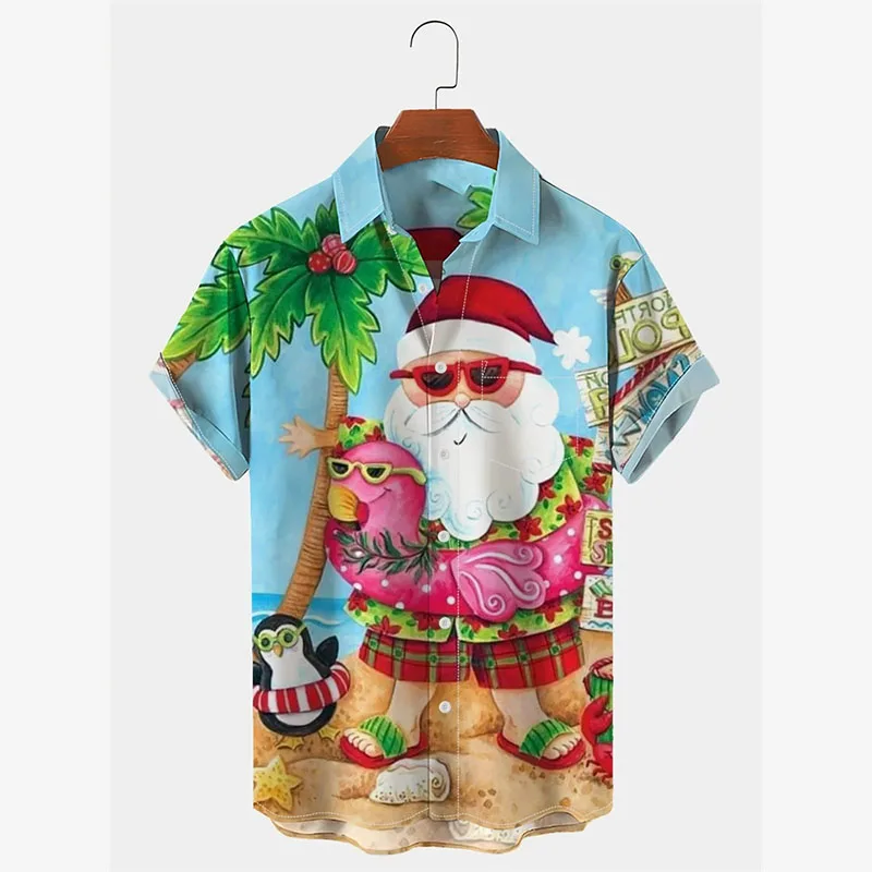 Summer Beach Funny Santa Claus Street Shirts For Men Merry Christmas Short Sleeve Hawaiian Shirt Flamingo Pattern Fashion Shirt