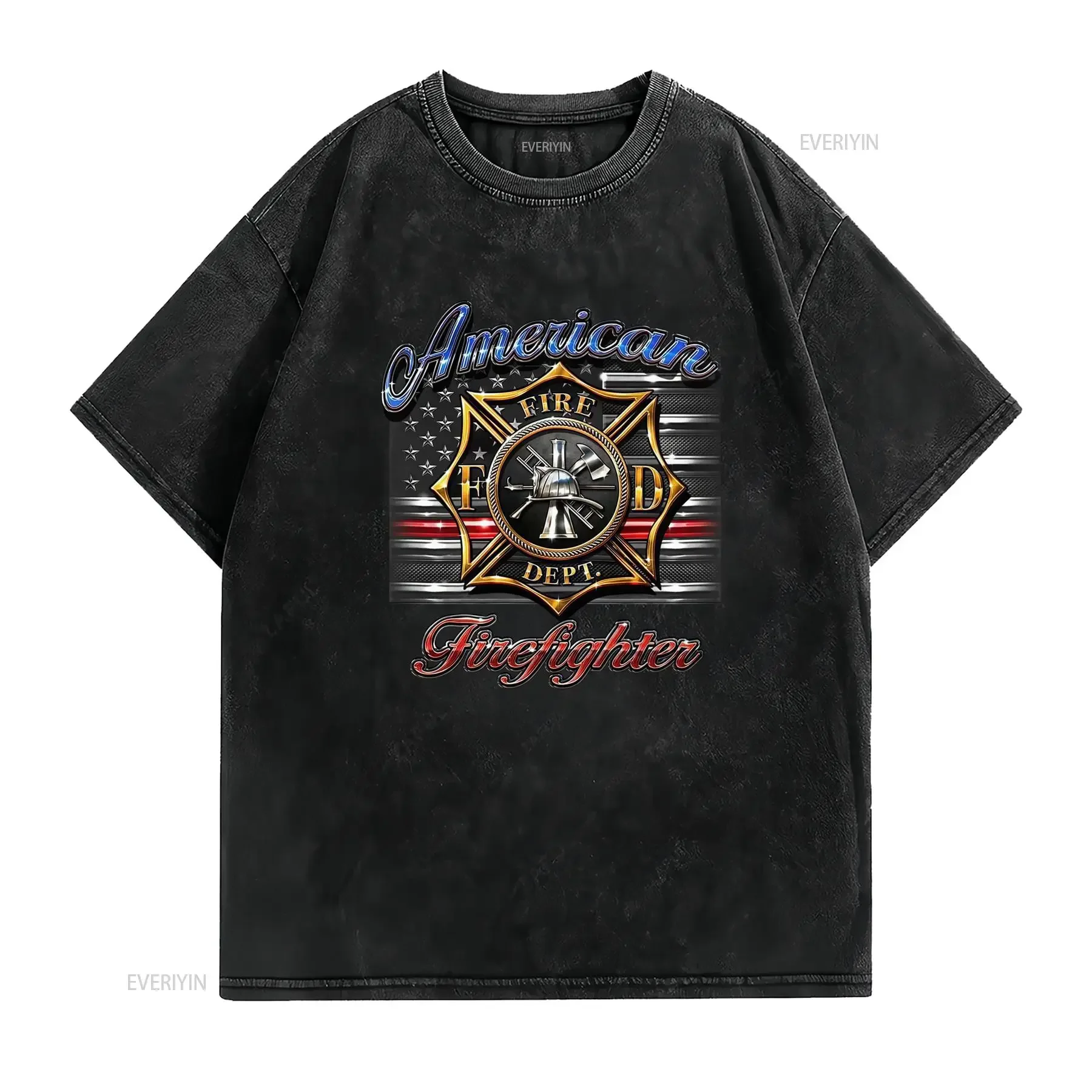 Patriotic American Firefighter Fire Dept Badge Thin Red Line Flag Print Casual T Shirt vintage Washed homme Comfortable