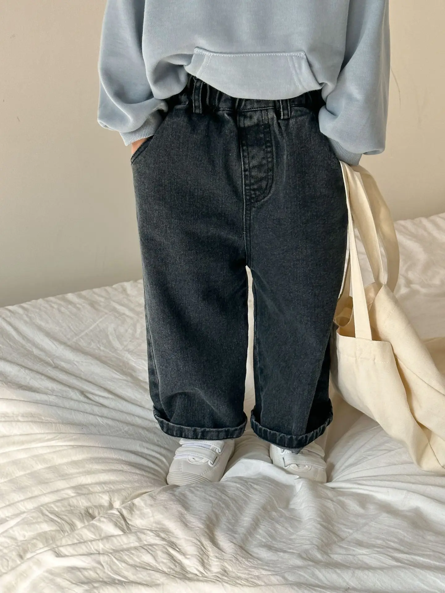 2024 Spring Children Retro Jeans Girl Baby Pockets Wide Leg Pants Kids Boys Casual Loose Denim Pants Toddler Cotton Trousers