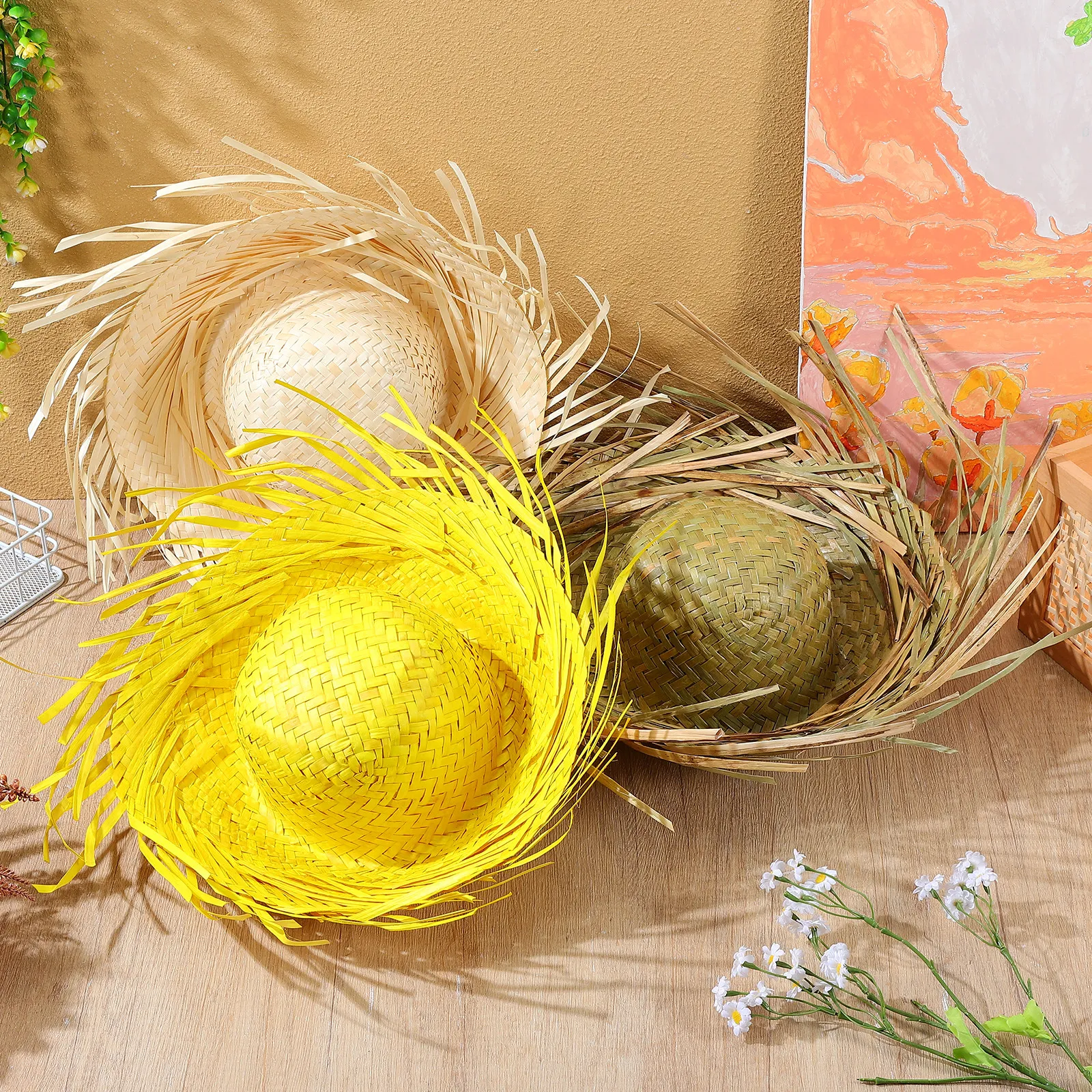

3pcs Hawaii Straw Hat Pava Hat beach hat Hawaiian Luau Headwear Pava Scarecrow Costume Accessory for Summer Themed Party Decor