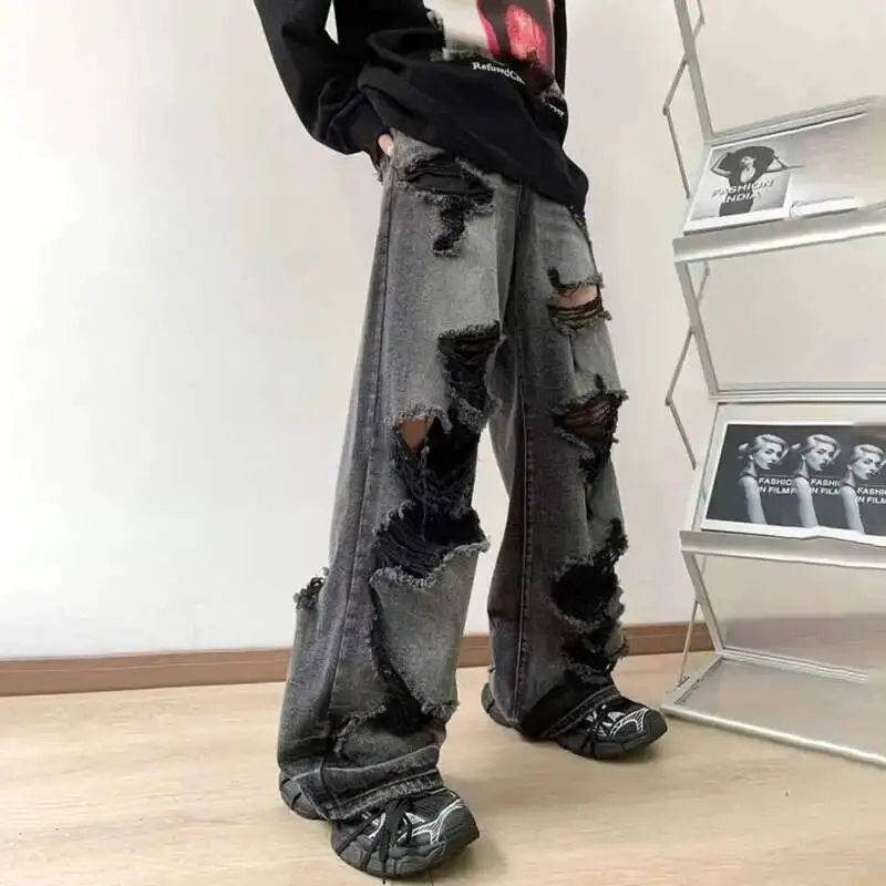 2025 New Summer Denim Pants Men's High Street Broken Hole Straight-leg Solid Color American Style Trousers Male 2ITWL