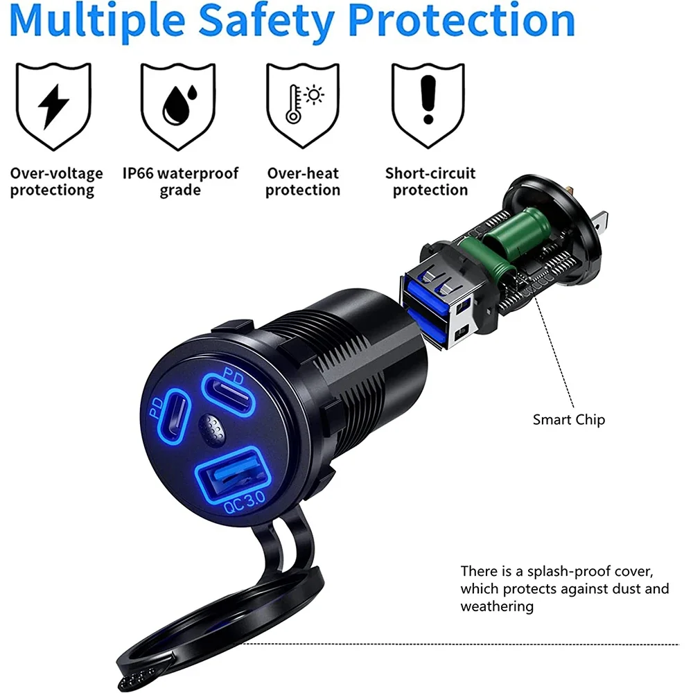 3 Ports Quick Charge Dual PD & QC 3.0 112W Aperture Car Charger Outlet Socket For 12V 24V Motorcycle Boat Marine Truck ATV view 4