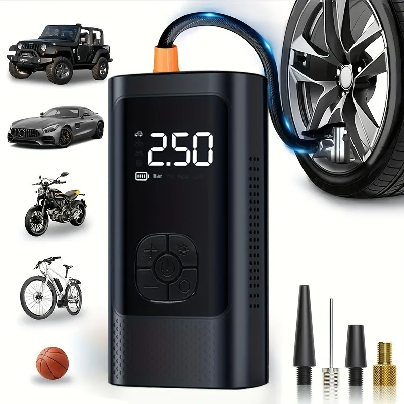 

Portable Air Compressor Cordless Tire Inflator with Digital Display LED Lighting, for Car Tires, Motorcycles, Bicycles, Balls