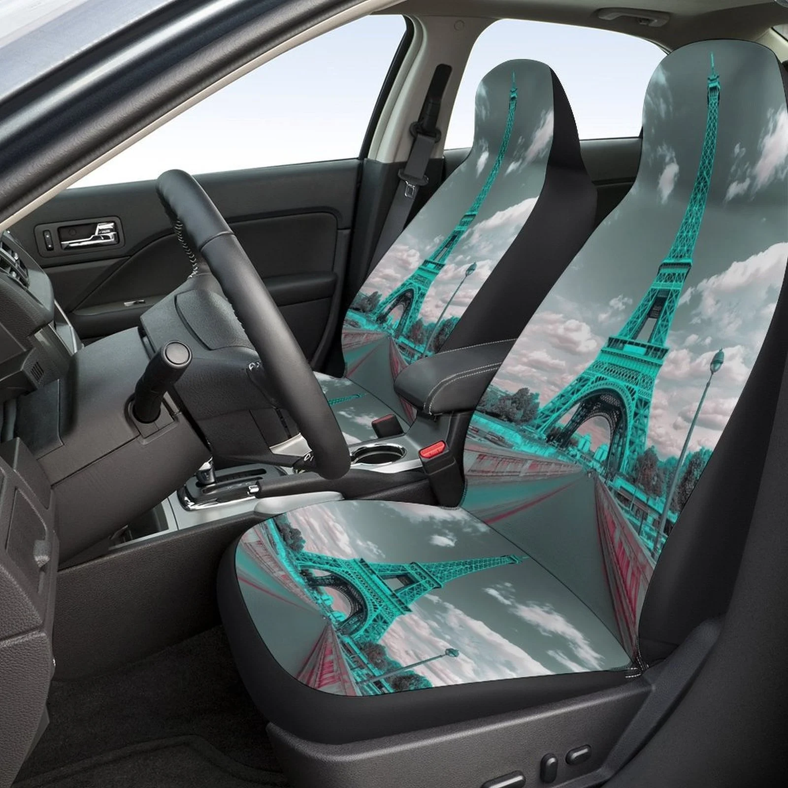 Eiffel Tower Designed Car Seat Covers Set For Most Cars, Trendy Personalized Novelty Decorative Car Seat Protector Covers Full S