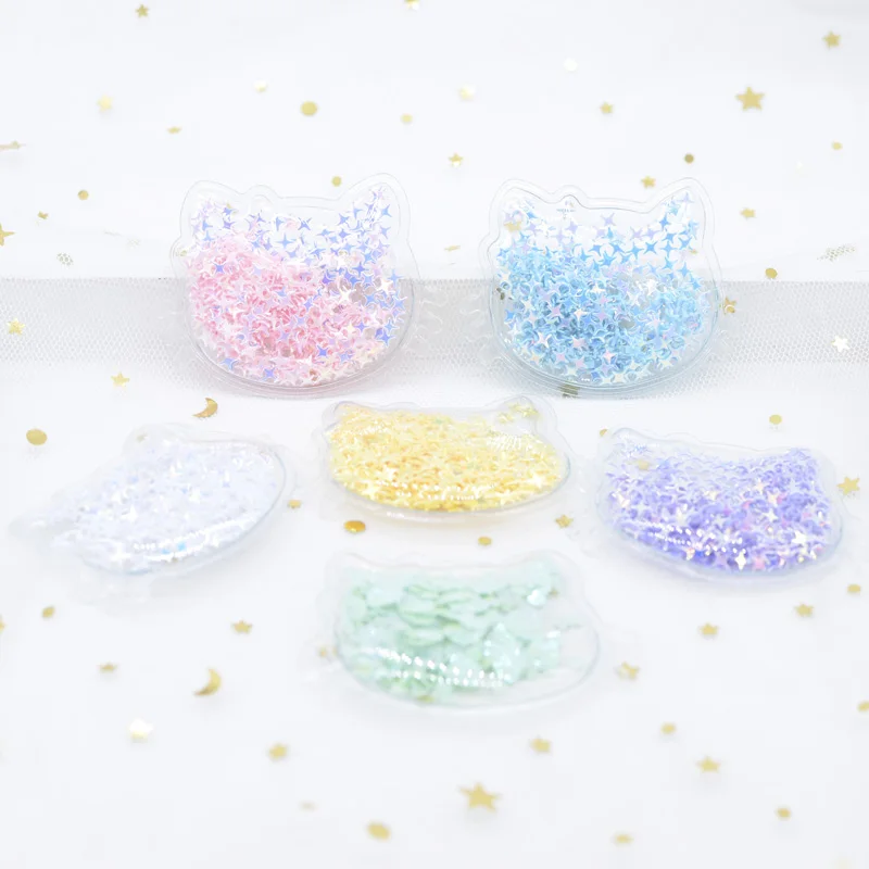 12Pcs 6cm Transparent Plastic Cat with Colorful Sequins Inside Appliques DIY Headwear Accessories Craft Handmade Decor Patch