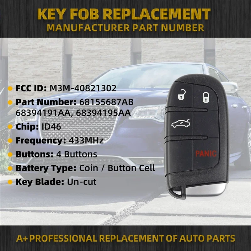

Key Fob Replacement Keyless Entry 4 Buttons For Chrysler 200 300 Dodge Challenger Charger 68155686AB M3M-40821302