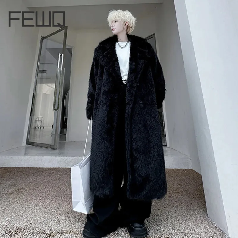 FEWQ Korean Style Men's Windbreakers Faux Fur Fleece Overknee Solid Lapel Double Breasted Thickened Casual Male Long Coat 9C8119