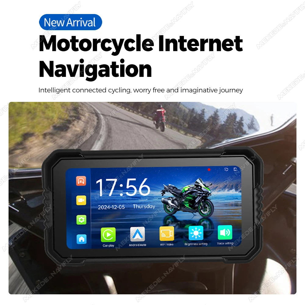 NaviFly 6.25inch Portable Motorcycle GPS Navigation IP67 Waterproof Wireless CarPlay Android Auto Monitor Front and rear DVR BT