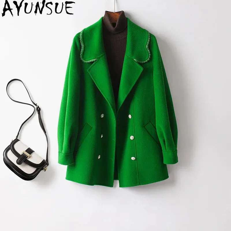 

High AYUNSUE Quality 100% Wool Coats for Women 2024 Fall Winter Medium Double-sided Woolen Jacket Suit Collar Casaco Feminino