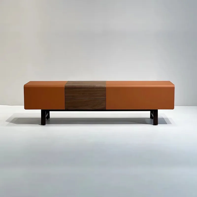 Modern minimalist saddle leather bench with two drawers shoe stool