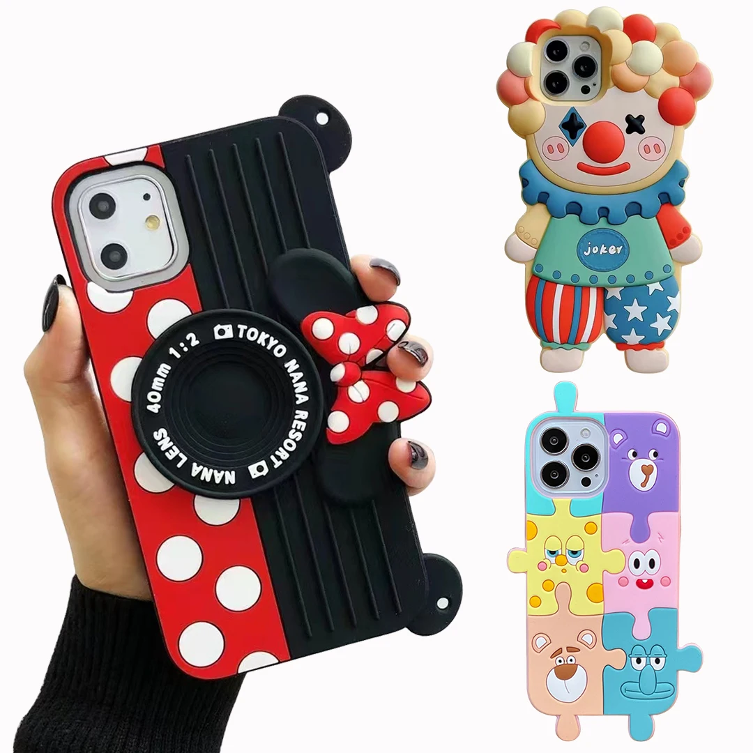 3D Cartoon Cute Soft Silicone Phone Case For iPhone 14 13 12 11 Pro Max 14 Plus Candy Color Hair Clown Puzzle Shockproof Cover