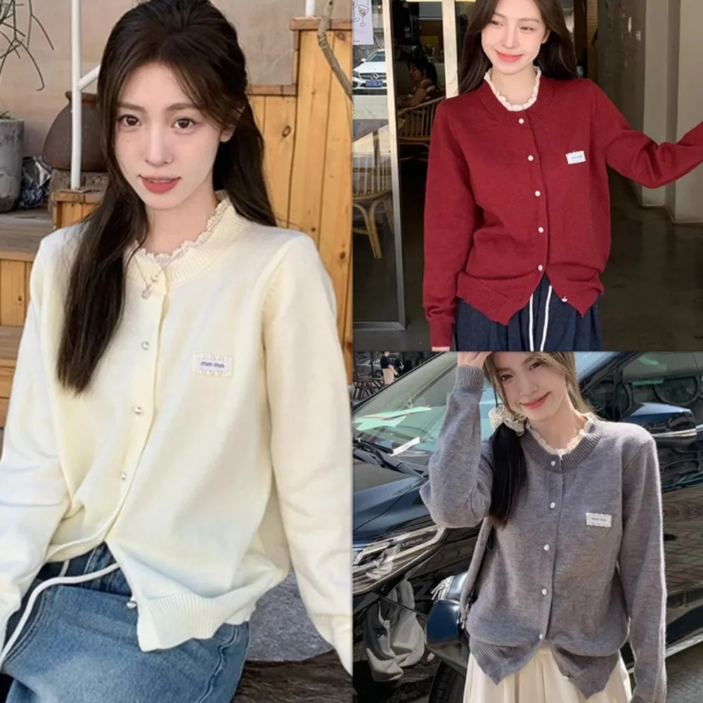 Lace Round Neck Knitted Cardigan Women Loose Casual Solid Color Jacket Coat Top