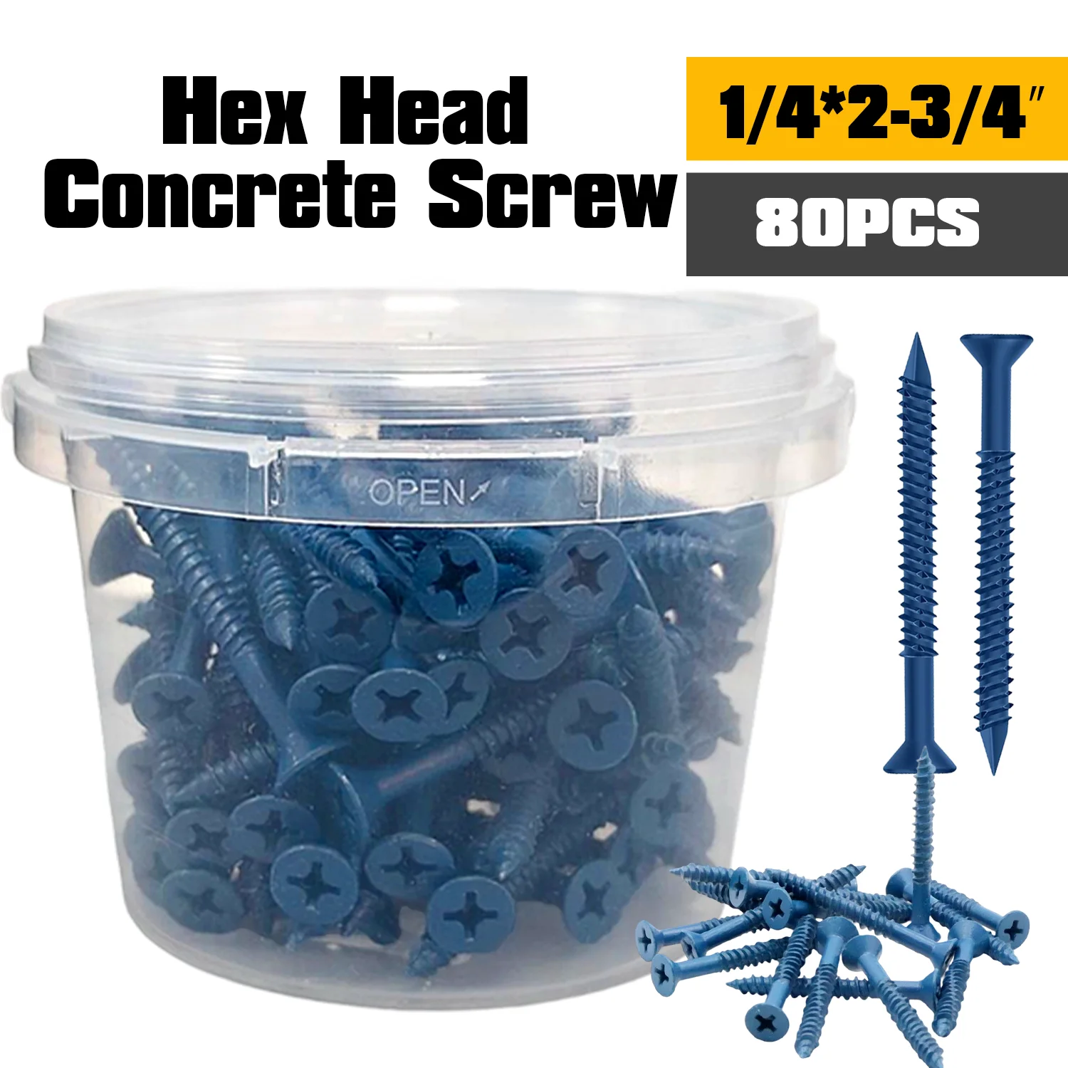 

VKKM 80Pcs 1/4"*2-3/4" Inch Concrete Screws Anchor with Drill Bit, Blue Flat Head Masonry Brick Stucco Cement Block Screws